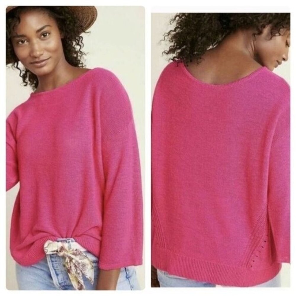 Anthropologie Mayfield Linen Blend Hot Pink Knit Pullover Sweater Womens sz S